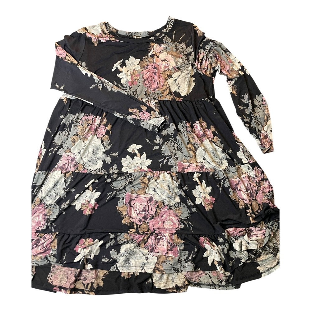 Glitzy Girlz Black Floral Long Sleeve Tiered Ruffle Maxi Dress Size X Large